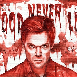 May include: A red and white watercolor illustration features a man's portrait with the text "BLOOD NEVER LIES" in dripping red letters. The artwork has a dark, intense theme with blood splatter effects.