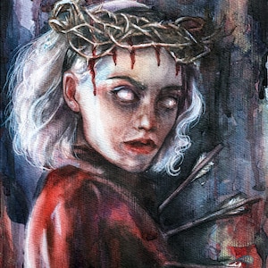 Dark Gothic Aquarell Art Print - Blutende Krone, Pfeile und weißäugige Frau - Makabere Wandkunst