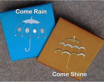 Metalwork embroidery Come Rain, Come Shine - a silverwork umbrella and a goldwork parasol