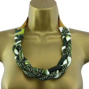 African Wax Print Fabric Chunky Plaited Necklace, Ethnic Jewellery, Statement Jewelry Dark Green Gold