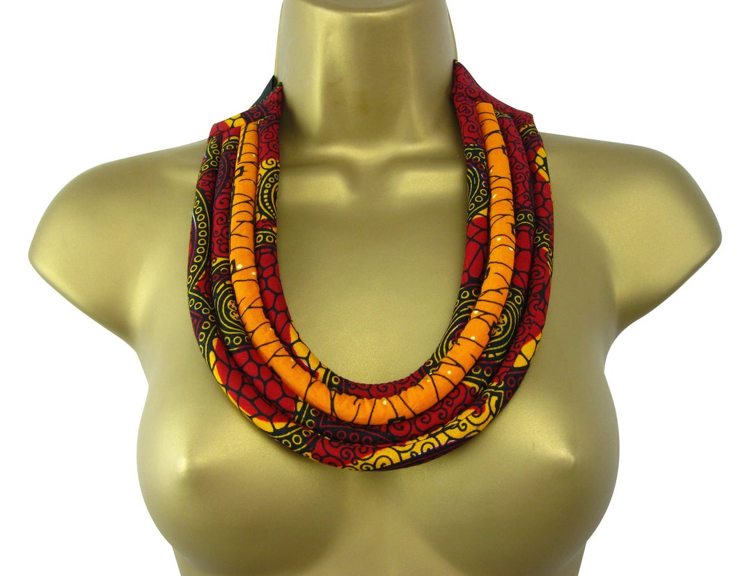 African Print Fabric Rope Necklace, Multistrand Cotton Wax Fabric
