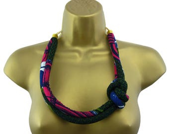 African Print Fabric Rope Knot Necklace, Cotton Wax Fabric Necklace, Ethnic Jewellery, African Statement Jewelry, Tribal Necklace, Ethnic