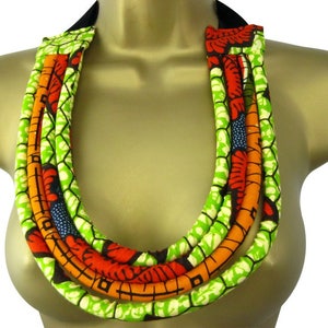 African Print Rope Necklace, Multi-strand Wax Fabric Statement Tribal, Ethnic Jewellery, Green, Cream, Orange Cotton Fabric Gift for Women