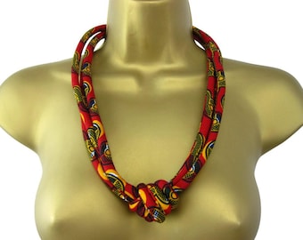 African Wax Print Fabric 2 Strand Rope Knot Necklace,Ethnic Jewellery, African Statement Jewelry, Tribal Red Yellow