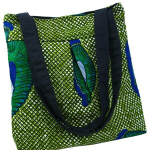 African Print Tote, Shoulder Bag Everyday Bag, Beach Bag, Holiday Bag, Wax Print  Shopping Tote, Wax Print Shopping Bag Abstract Print Green