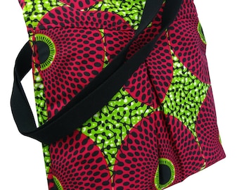 African Print Tote Bag, Shoulder Bag Everyday Bag, Beach Bag, Holiday Bag, Wax Print, Shopping Tote, Wax Print Shopping Bag Green & Cerise