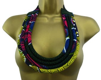 African Print Fabric Rope Necklace, African Wax Fabric Necklace, Ethnic Jewellery, African Fabric Necklace, African Statement Jewelry Tribal