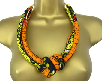 African Wax Print Fabric Knot Rope Necklace, Orange Yellow, Ethnic Jewellery,Statement Jewelry, Tribal