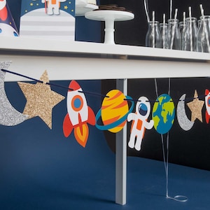 Trip to the Moon Garland Birthday, Baby Shower Bunting Decorations Nursery Wall Decor Photo Prop Space, Rocket, Planets, Stars image 1