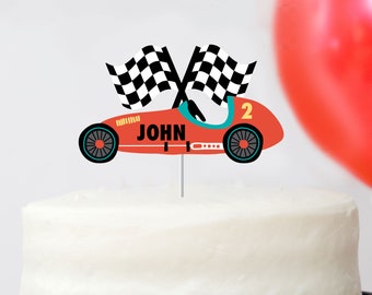 Vintage Race Car - DIY Custom Name Cake Topper | Checkered Flags, Trophy | Racing Car Decorations | Birthday | Car Theme