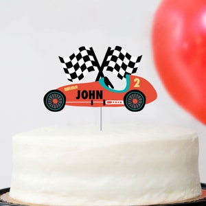 Vintage Race Car - DIY Custom Name Cake Topper | Checkered Flags, Trophy | Racing Car Decorations | Birthday | Car Theme