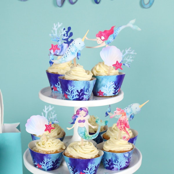 Mermaid and Narwhal - Cupcake Toppers & Wrappers | 12 count | Mermaid Party Decorations | Baby Shower| Photo Prop, mermaid, narwhal