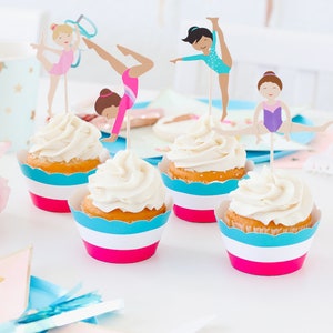 Gymnastics - Cupcake Toppers & Wrappers | 12 Toppers | Girls Gymnastics Party Decorations | Tumble, Jump, Run | Gymnast topper