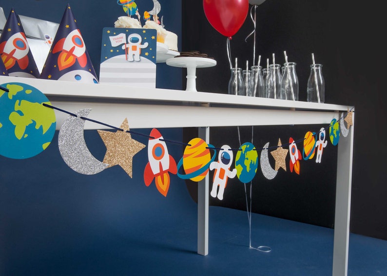 Trip to the Moon Garland Birthday, Baby Shower Bunting Decorations Nursery Wall Decor Photo Prop Space, Rocket, Planets, Stars image 1
