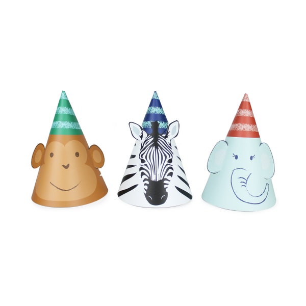 Party Animals - Party Hats, 12 ct | Animal Themed Party Hats | Monkey, Zebra, Elephant | Wild One