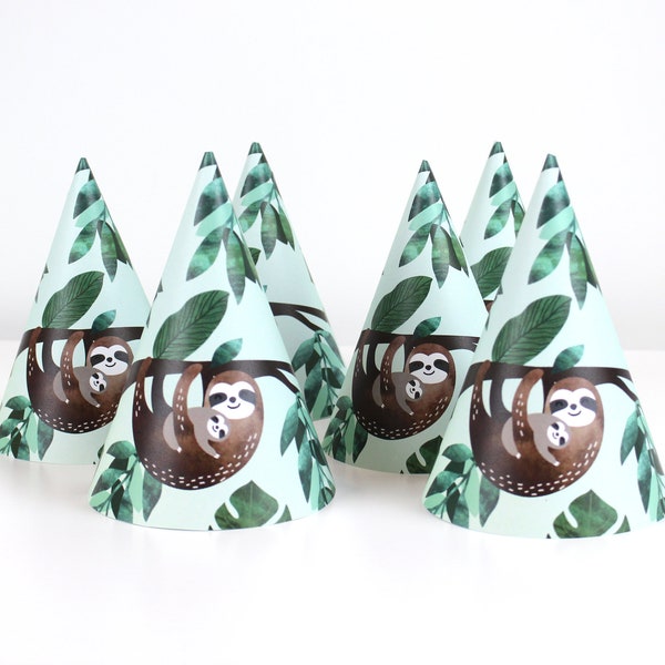 Sloth Party - Party Hats | 12 Pack | Sloth Hats | Sloth Party Decoration | Tropical Leaves