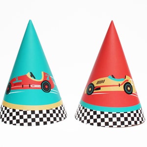 Vintage Race Car- Party Hats | 12 pack | Birthday Hat | Racing Car Theme | Red, Teal | Transporation, Car, Trophy, Signal Light