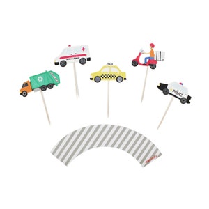 Transportation Cupcake Toppers, 12 ct | Car Themed Cake Toppers and Cupcake Wrappers | City Transportation Party Decorations