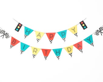 Vintage Race Car- Birthday Banner | Red, Yellow, Teal | Car theme Birthday Party