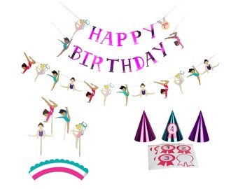Gymnastics - Birthday Party Decoration Kit | Girls Birthday Party Supplies | Birthday Banner, Garland, Cupcake Toppers, Party Hats
