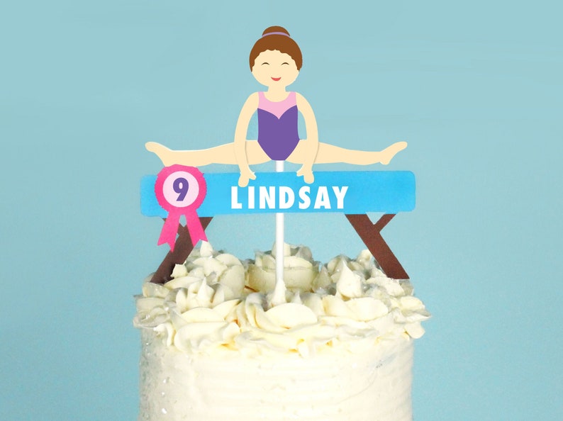 Gymnastics Custom Cake Topper Personalized Topper with Name and Age Girls Gymnastics Party Decorations Tumble, Jump, Run image 1