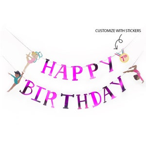 Gymnastics - Birthday Banner | Happy Birthday | Girls Gymnastics Party | Tumble, Jump, Run | Purple, Pink