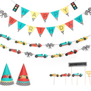 Vintage Race Car - 12 Guest Decor Party Set | Party Package | Theme Birthday Party | Banner, Garland, Cupcake Topper, Party hat