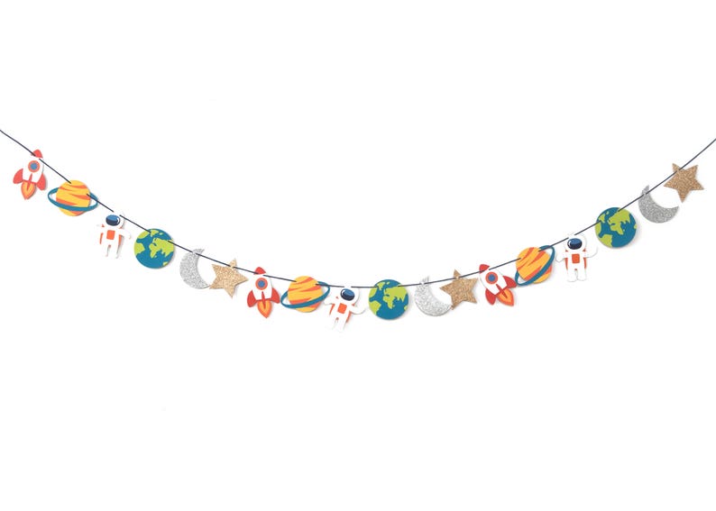 Trip to the Moon Garland Birthday, Baby Shower Bunting Decorations Nursery Wall Decor Photo Prop Space, Rocket, Planets, Stars image 2