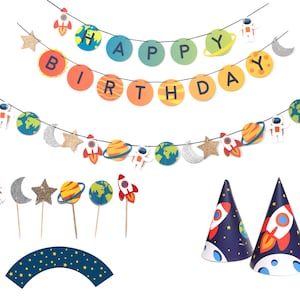 Trip to the Moon - 12 Guest Decor Party Set | Party Package | Birthday Party | Banner, Garland, Cupcake Topper, Party hat | Party Kit