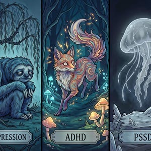 Mental Health Creature Trio – Depression ADHD PSSD Art Print Digital