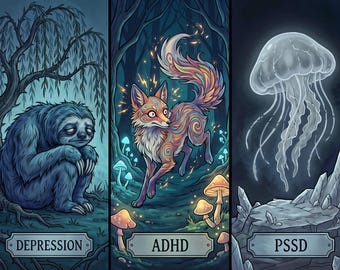 Mental Health Creature Trio – Depression ADHD PSSD Art Print Digital