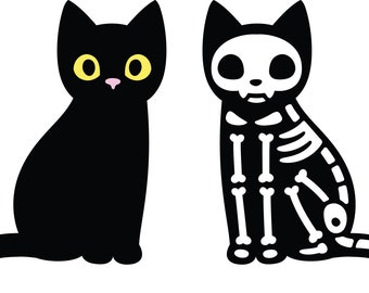 Black Cat & Skeleton Cat SVG PNG, Halloween Clipart (Digital Files)