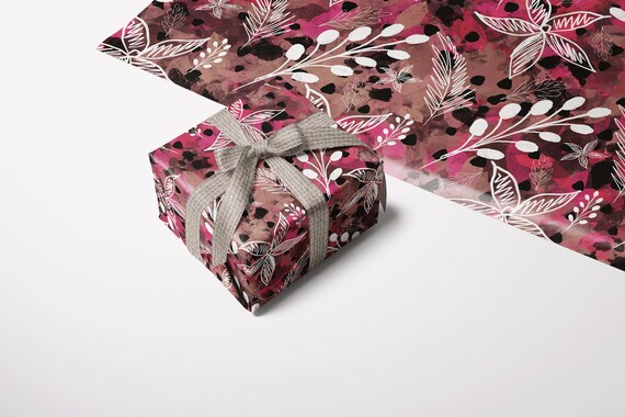 Botanical Wrapping Paper, Leaf and Flower Wrapping Paper, Pink