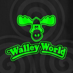May include: Green moose cartoon character with the text "Wally World" in a green arch above it. The background is black with a swirling pattern.
