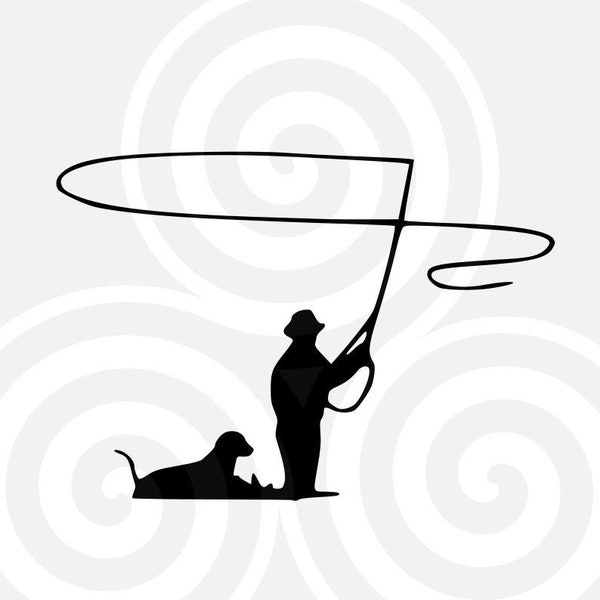 Fly fishing men and dog, Sizable, Vector, PDF, SVG, PNG, eps, jpeg, dxf, Vinyl cutter, Cricut, Cut ready, T-shirt, Poster, etc. download