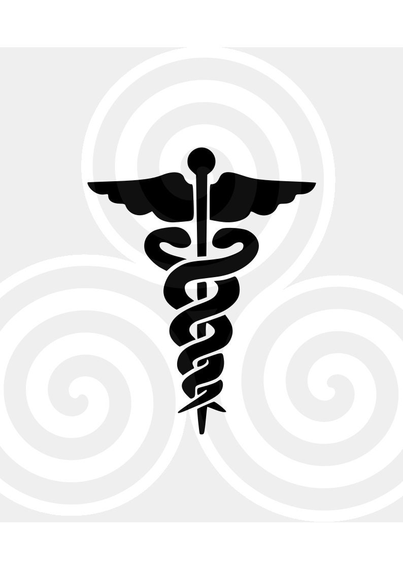 May include: A black and white medical symbol, the caduceus, with a snake wrapped around a staff with wings. The symbol is on a gray background with white swirls.