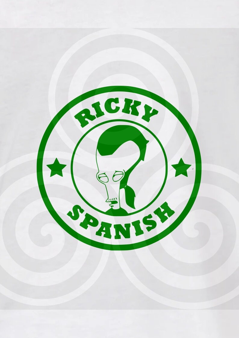 K&ouml;nnte beinhalten: Gr&uuml;ner Kreis mit den Worten "Ricky Spanish" und einem Comic-Alienkopf darin. Der Kreis hat zwei wei&szlig;e Sterne auf beiden Seiten des Alienkopfes.