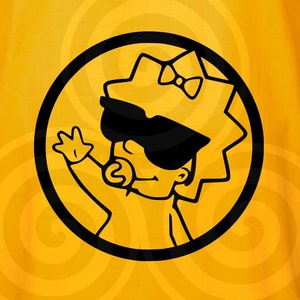 May include: Black and white illustration of a cartoon baby wearing sunglasses and a bow. The baby is holding a pacifier and has a mischievous expression. The illustration is set against a yellow background with swirling patterns.