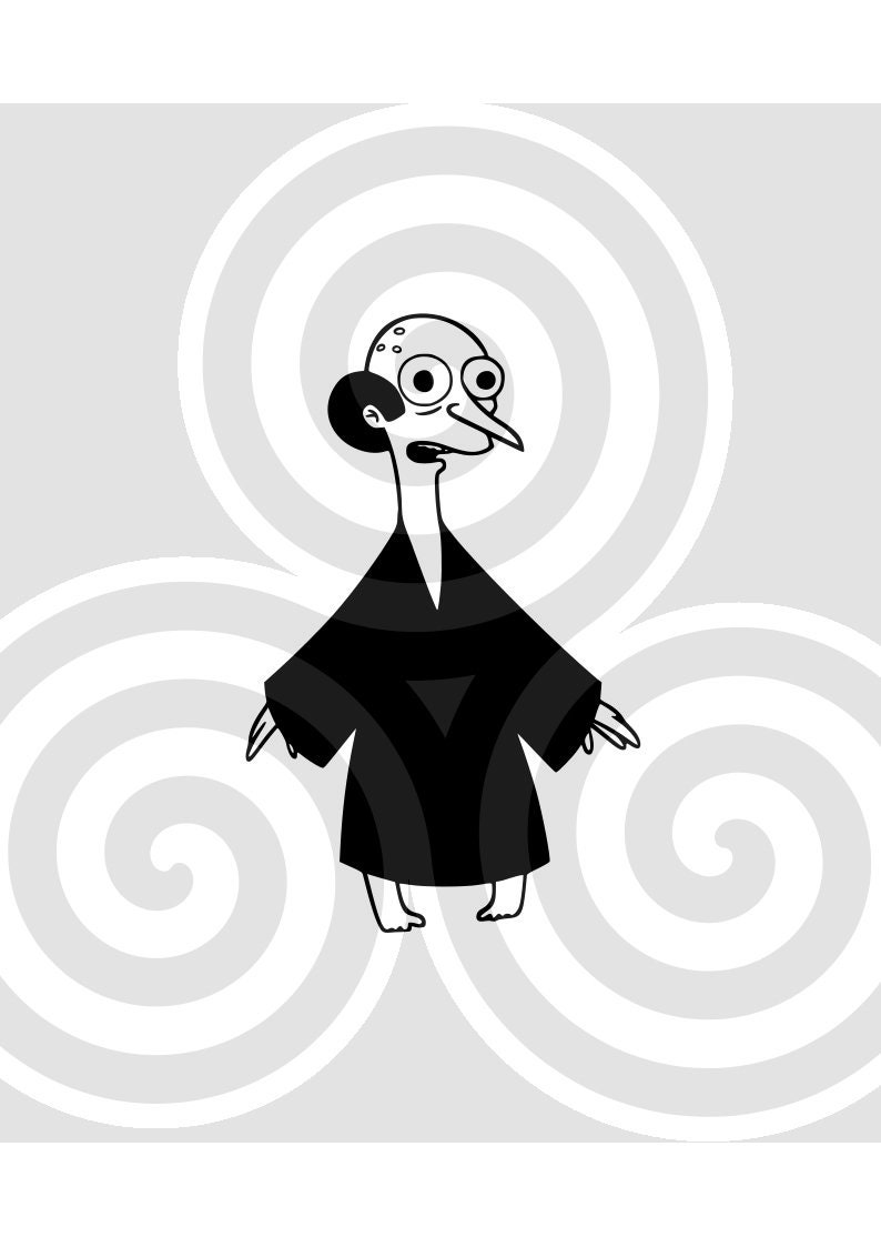 May include: A black and white illustration of a bald person with a long nose wearing a black robe. The person is standing in front of a swirling background.
