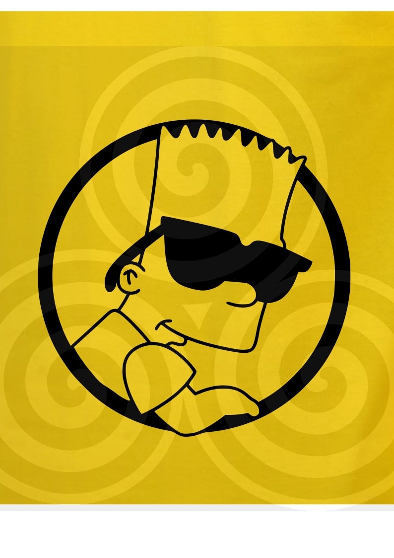 Pu&ograve; includere: Un'illustrazione in bianco e nero di Bart Simpson con occhiali da sole, su uno sfondo giallo con un motivo a spirale.