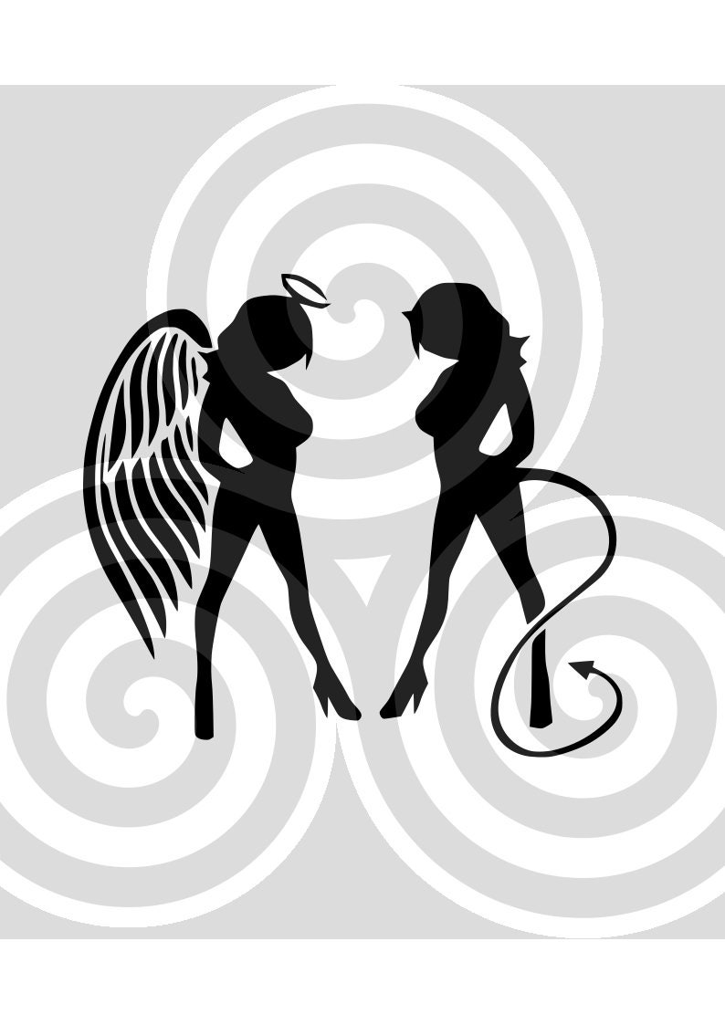 May include: Silhouette of an angel and a devil, both with wings and horns, standing back to back against a swirling gray background.