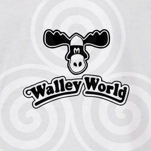 May include: Black and white logo of a moose with the text "Walleye World" in a curved banner below. The background is a white and grey swirl pattern.