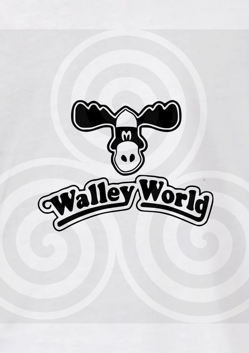May include: Black and white logo of a moose with the text "Walleye World" in a curved banner below. The background is a white and grey swirl pattern.