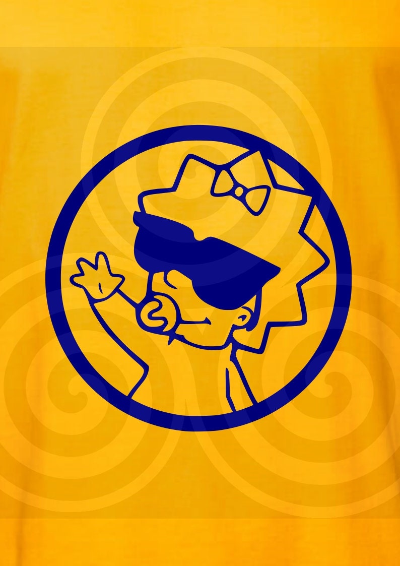 May include: A blue cartoon baby wearing sunglasses and a bow, holding a pacifier, is inside a blue circle on a yellow background with swirling patterns.