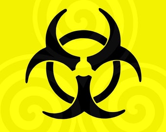 May include: A black biohazard symbol on a yellow background with swirling patterns.