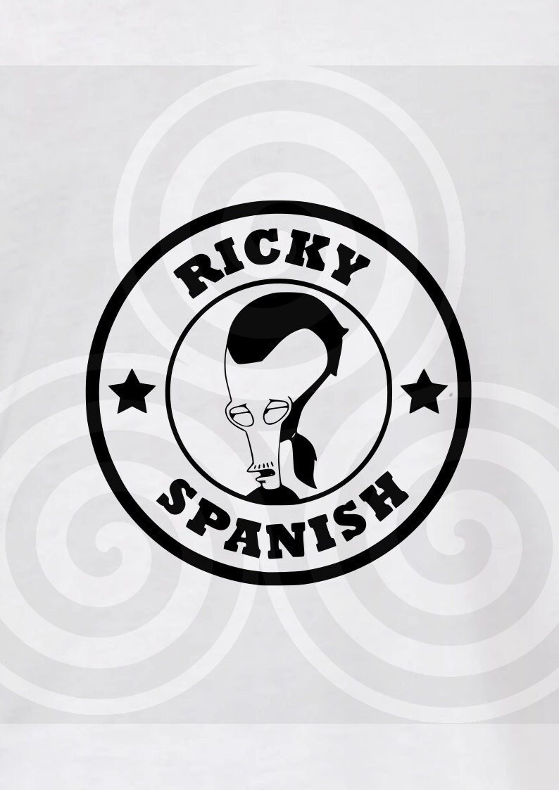 K&ouml;nnte beinhalten: Schwarzwei&szlig;-Illustration einer Comicfigur mit dem Text "Ricky Spanish" in einem Kreis.