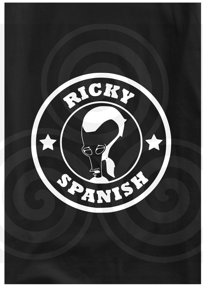 K&ouml;nnte beinhalten: Schwarzwei&szlig;es Grafikdesign eines Comic-Charakters mit dem Text "Ricky Spanish" in einem Kreis.