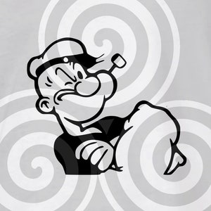 K&ouml;nnte beinhalten: Schwarz-Wei&szlig;-Illustration von Popeye dem Seemann mit geballter Faust und Pfeife. Die Zeichentrickfigur ist vor einem grauen Hintergrund mit Wirbelmustern platziert.