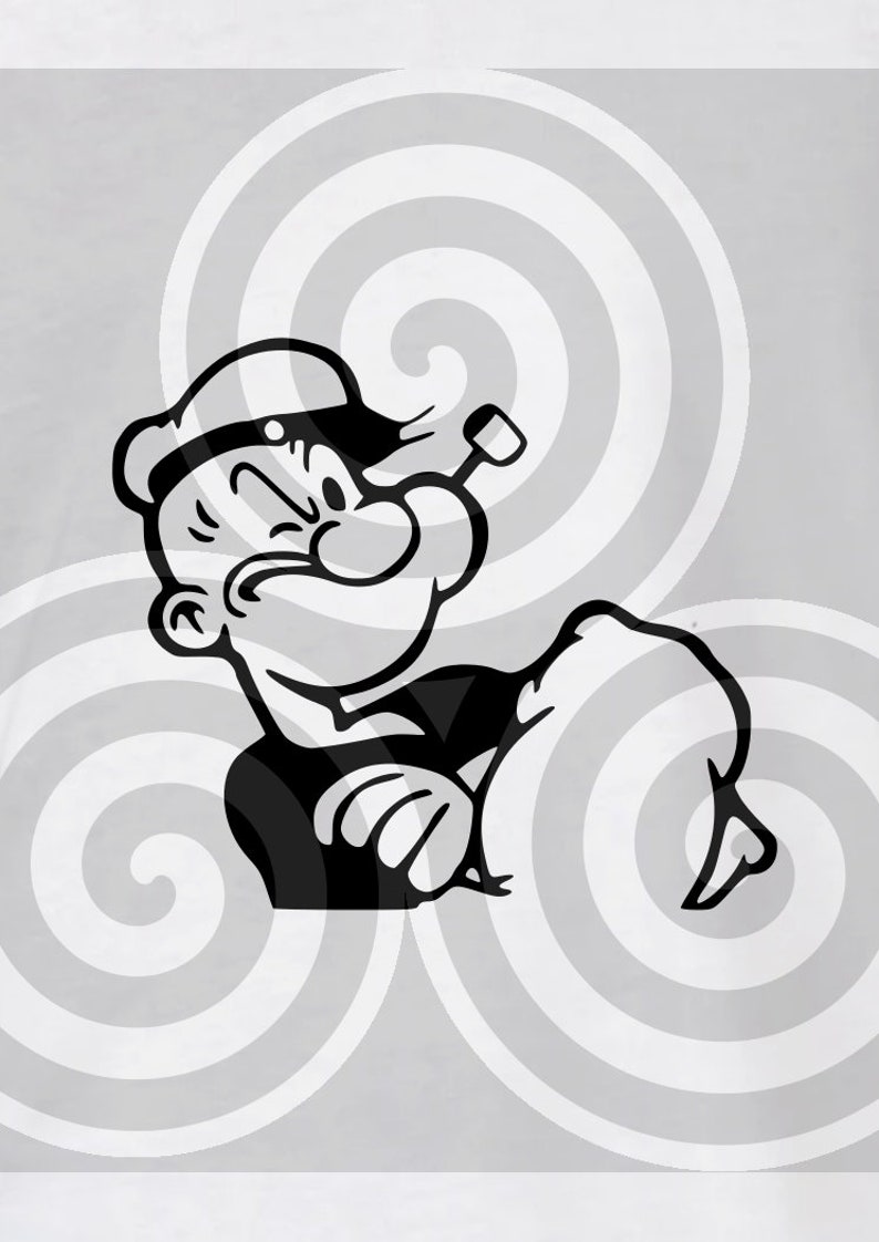 K&ouml;nnte beinhalten: Schwarz-Wei&szlig;-Illustration von Popeye dem Seemann mit geballter Faust und Pfeife. Die Zeichentrickfigur ist vor einem grauen Hintergrund mit Wirbelmustern platziert.
