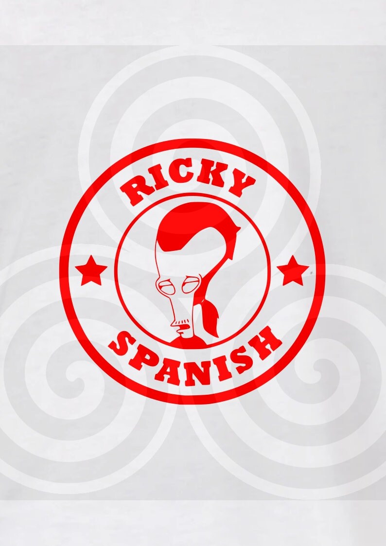 K&ouml;nnte beinhalten: Roter und wei&szlig;er runder Aufkleber mit dem Text "RICKY SPANISH" und einem Cartoon-Alienkopf in der Mitte.